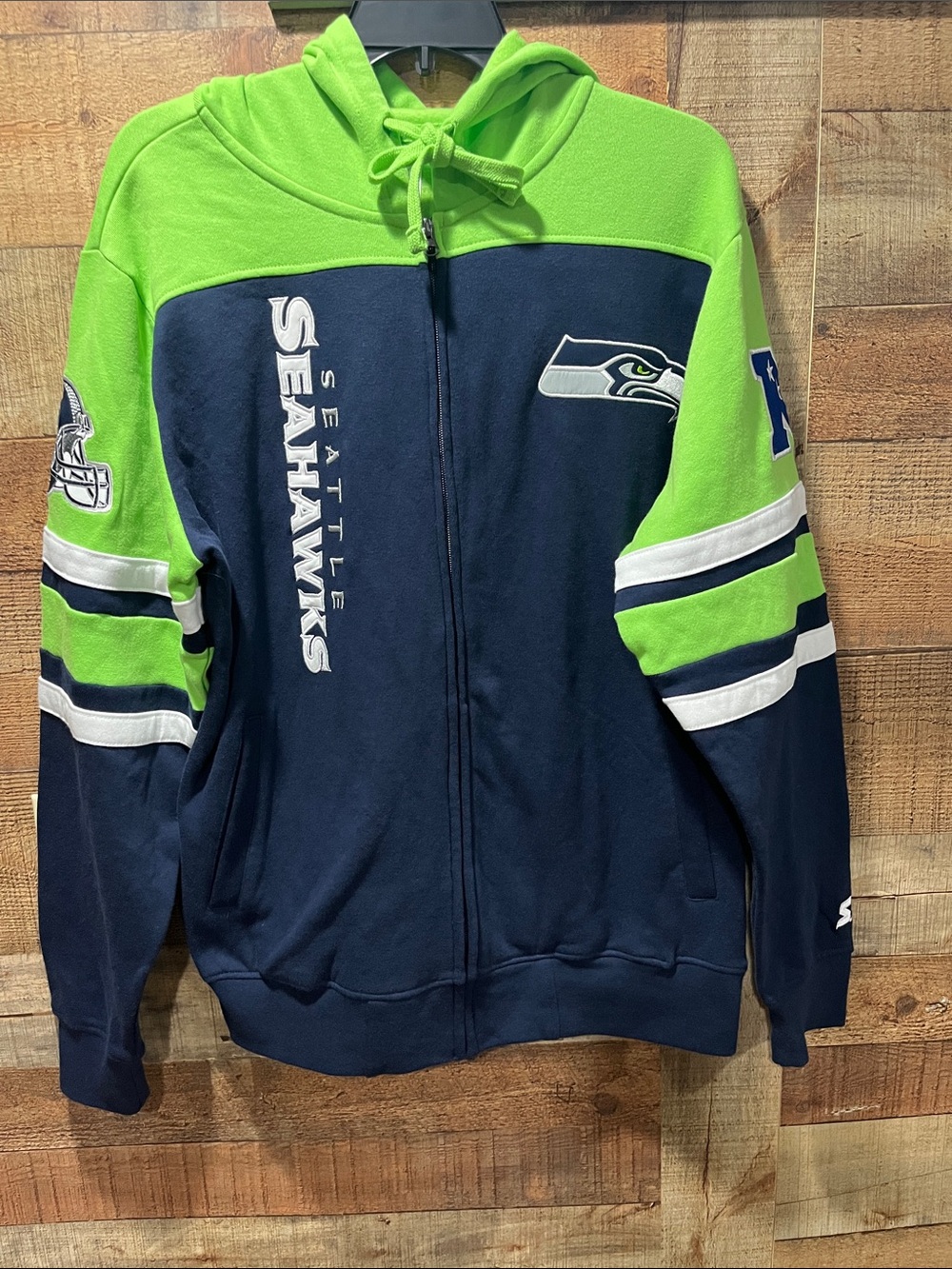 Seattle Seahawks Starter Full-Zip Hoodie - College Navy/Neon Green men's medium